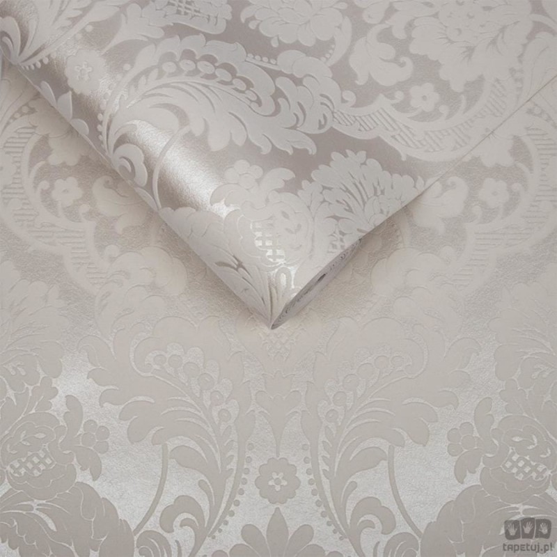Biała tapeta na flizelinie w welurowy ornament adamaszek flock