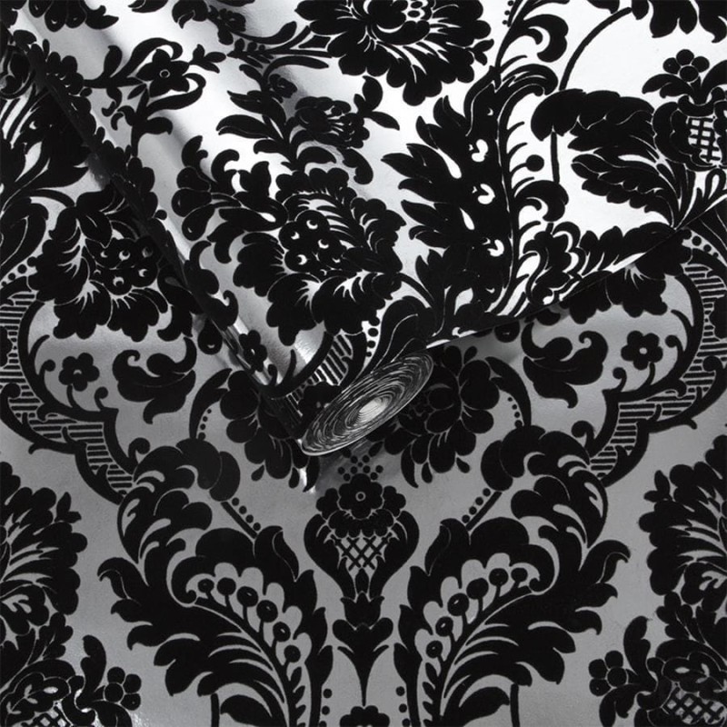 Srebrna tapeta w czarny welurowy ornament flock