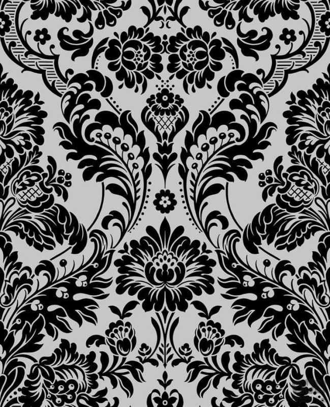 Srebrna tapeta w czarny welurowy ornament flock