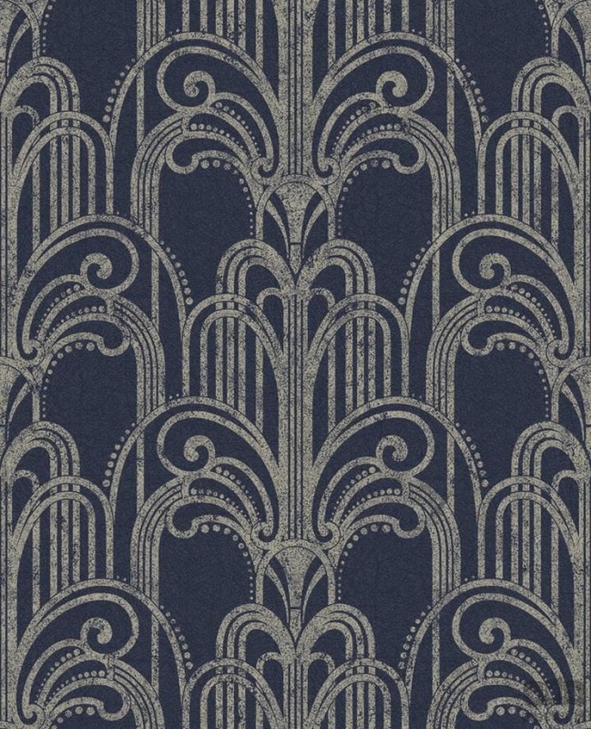 Granatowa tapeta w srebrny wzór art deco