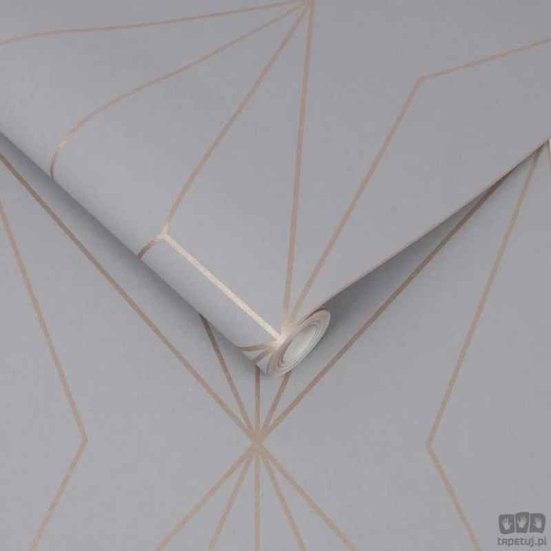 Szara tapeta z geometrycznym linearnym złotym akcentem