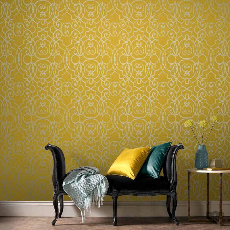 Żółta tapeta na flizelinie w srebrny wzór ornamenty glamour