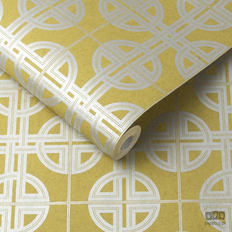 Żółta tapeta na flizelinie w srebrny wzór geometryczny orientalna