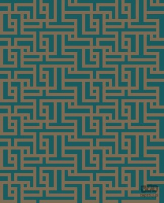 Tapeta na flizelinie w wzór geometryczny labirynt ciemny turkus i miedź
