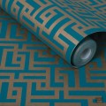 Tapeta na flizelinie w wzór geometryczny labirynt ciemny turkus i miedź