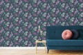 Granatowa tapeta tropikalna w liście kwiaty