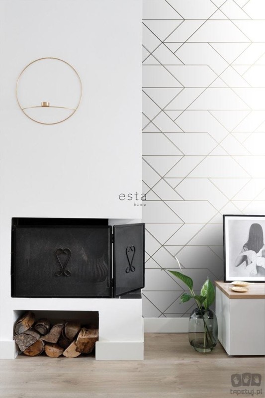 Biała tapeta na flizelinie geometryczna w złote linie