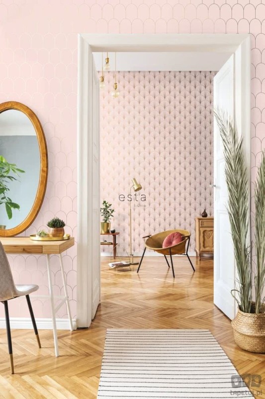Różowa tapeta złoty wzór art deco wachlarze flizelina