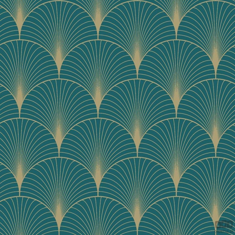 Turkusowa tapeta złoty wzór art deco wachlarze flizelina