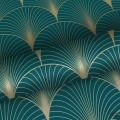 Turkusowa tapeta złoty wzór art deco wachlarze flizelina