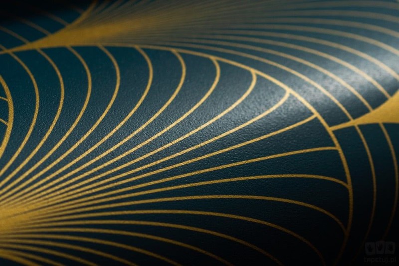 Turkusowa tapeta złoty wzór art deco wachlarze flizelina