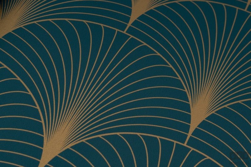Turkusowa tapeta złoty wzór art deco wachlarze flizelina