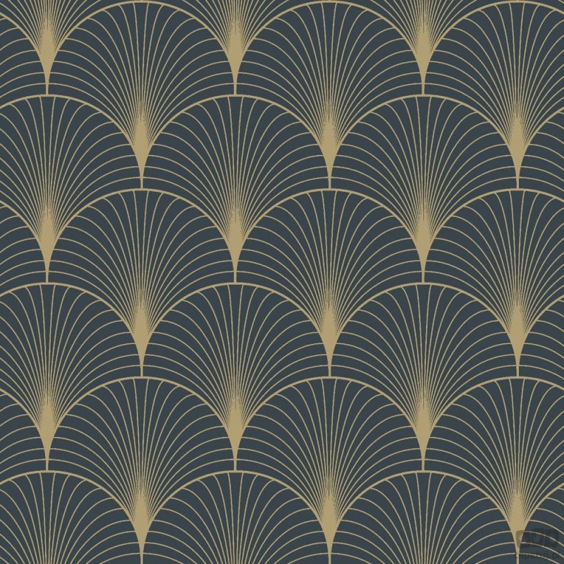 Granatowa tapeta złoty wzór art deco wachlarze flizelina