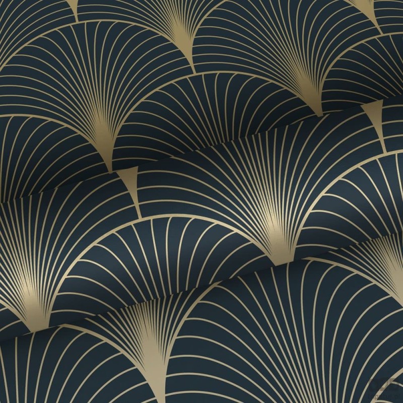 Granatowa tapeta złoty wzór art deco wachlarze flizelina