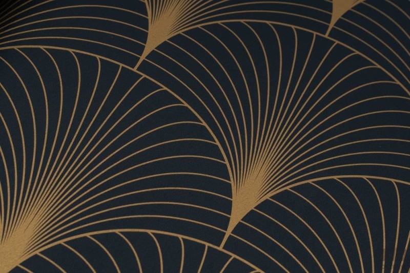 Granatowa tapeta złoty wzór art deco wachlarze flizelina