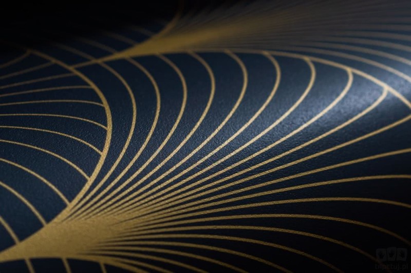 Granatowa tapeta złoty wzór art deco wachlarze flizelina