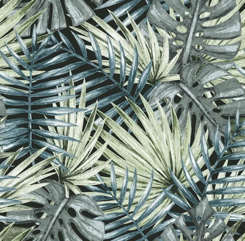 Zielona tapeta ICH Wallpaper Caribbean z motywem liści palm i monstery