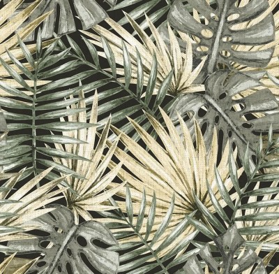 Zielono-czarna tapeta z ICH Wallpaper Caribbean motywem liści palm i monstery