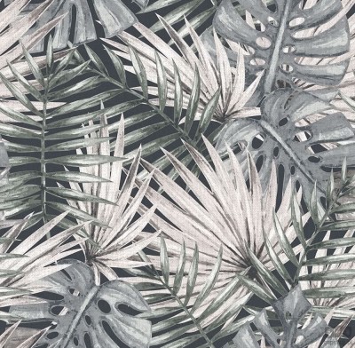 Szara tapeta ICH Wallpaper Caribbean z motywem lisci palm i monstery