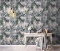 Szaro-srebrna tapeta ICH Wallpaper Caribbean z motywem lisci palm i monstery