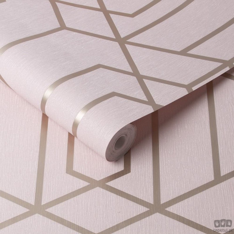 Różowa tapeta w złoty wzór geometryczny