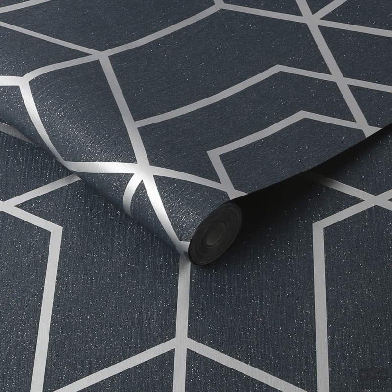 Granatowa tapeta w srebrny wzór geometryczny
