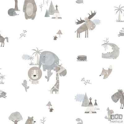 Tapeta dziecięca na flizelinie ICH Wallpaper Sambori dzikie zwierzęta szaro-biało-beżowa