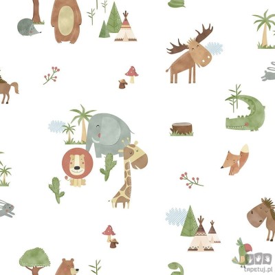Tapeta dziecięca na flizelinie ICH Wallpaper Sambori dzikie zwierzęta zieleń brąz biel