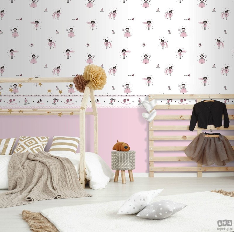 Tapeta dziecięca na flizelinie ICH Wallpaper Sambori motyw wróżek biało-różowo-czarna