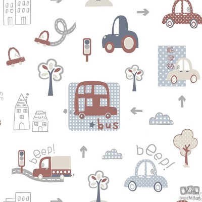 Tapeta dziecięca na flizelinie ICH Wallpaper Sambori samochody biało-szaro-bordowa