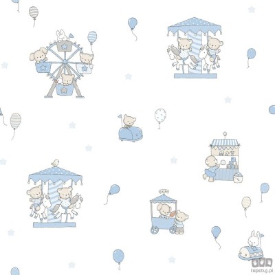 Dziecięca tapeta papierowa ICH Wallpaper Lullaby wesołe miasteczko biało-niebieska