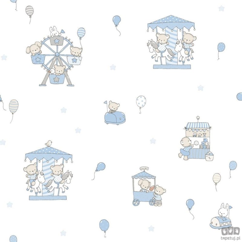 Dziecięca tapeta papierowa ICH Wallpaper Lullaby wesołe miasteczko biało-niebieska