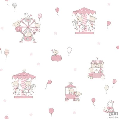 Dziecięca tapeta papierowa ICH Wallpaper Lullaby wesołe miasteczko biało-różowa