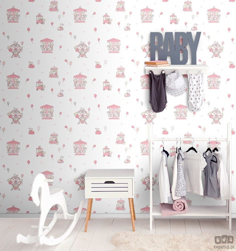 Dziecięca tapeta papierowa ICH Wallpaper Lullaby wesołe miasteczko biało-różowa