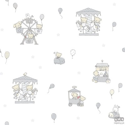 Dziecięca tapeta papierowa ICH Wallpaper Lullaby wesołe miasteczko biało-szara