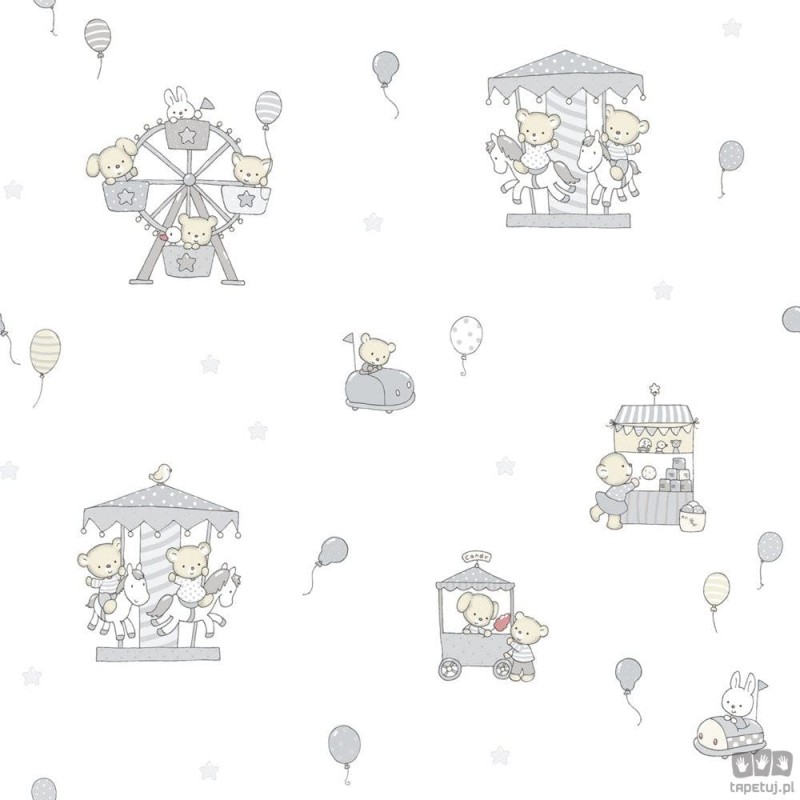 Dziecięca tapeta papierowa ICH Wallpaper Lullaby wesołe miasteczko biało-szara