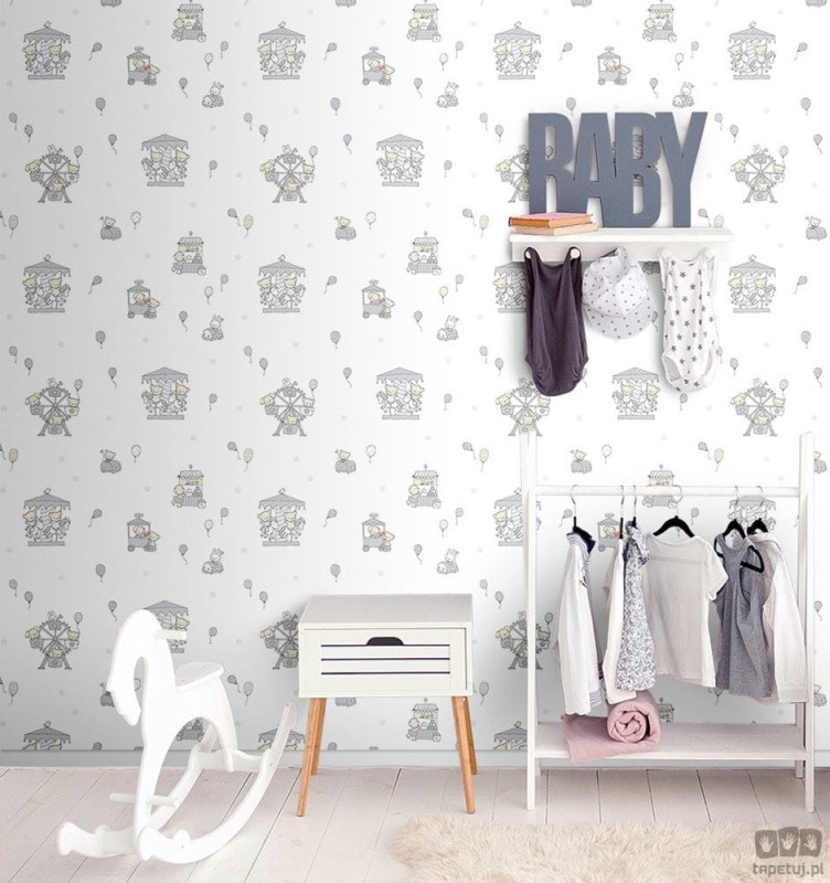 Dziecięca tapeta papierowa ICH Wallpaper Lullaby wesołe miasteczko biało-szara