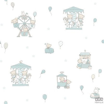 Dziecięca tapeta papierowa ICH Wallpaper Lullaby wesołe miasteczko biało-turkusowa