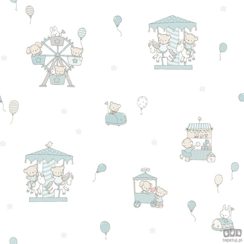 Dziecięca tapeta papierowa ICH Wallpaper Lullaby wesołe miasteczko biało-turkusowa