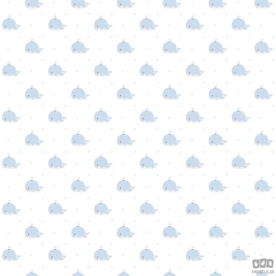 Dziecięca tapeta papierowa ICH Wallpaper Lullaby motyw waleni biało-niebieska