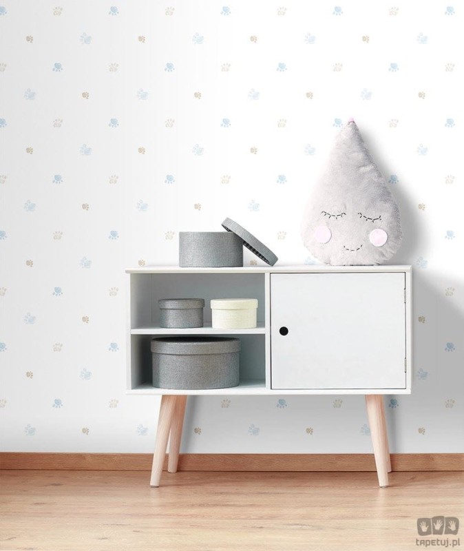 Tapeta dziecięca ICH Wallpaper Lullaby papierowa ślady łap biało-niebiesko-beżowa