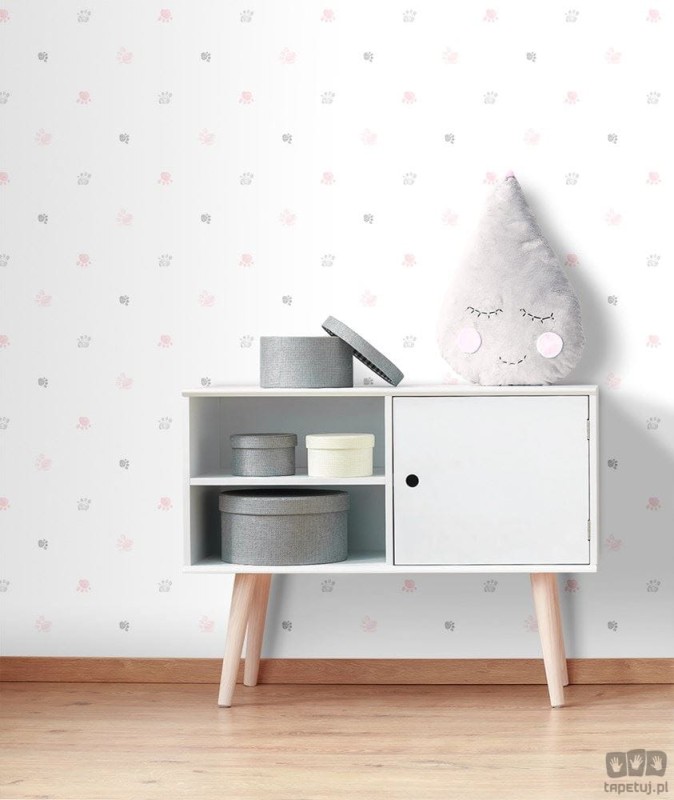 Tapeta dziecięca ICH Wallpaper Lullaby papierowa ślady łap biało-szaro-różowa