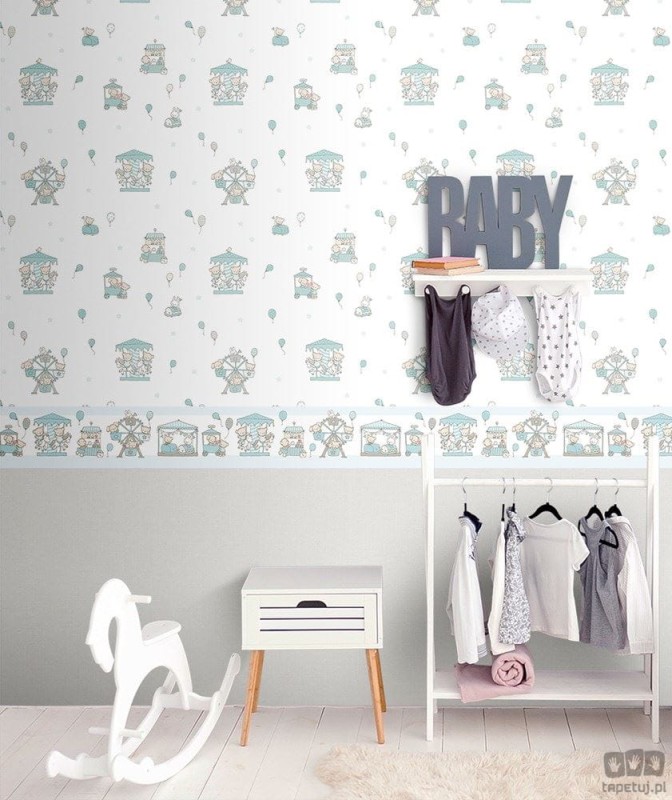 Dziecięcy border ścienny ICH Wallpaper Lullaby wesołe miasteczko biało-turkusowy