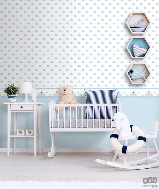 Dziecięcy border ścienny ICH Wallpaper Lullaby motyw waleni biało niebieski