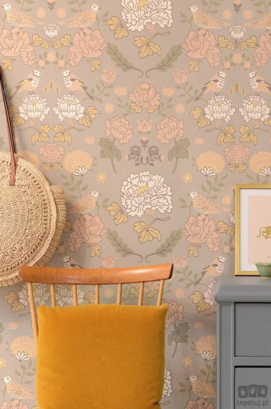 Tapeta na flizelinie duże kwiaty i ptaki pastelowa