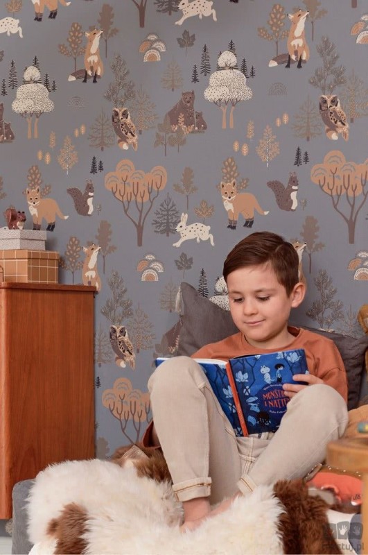 Tapeta na flizelinie dla dzieci zwierzęta leśne niebieskie tło