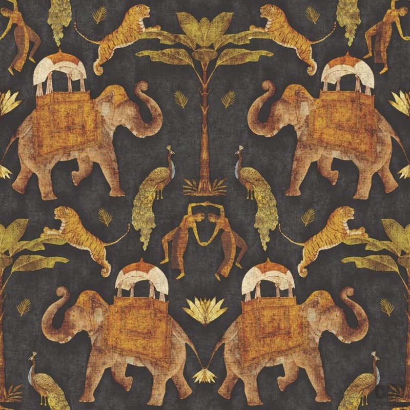 Tapeta ścienna na flizelinie ICH Wallpaper Nomad słonie czarno-pomarańczowa