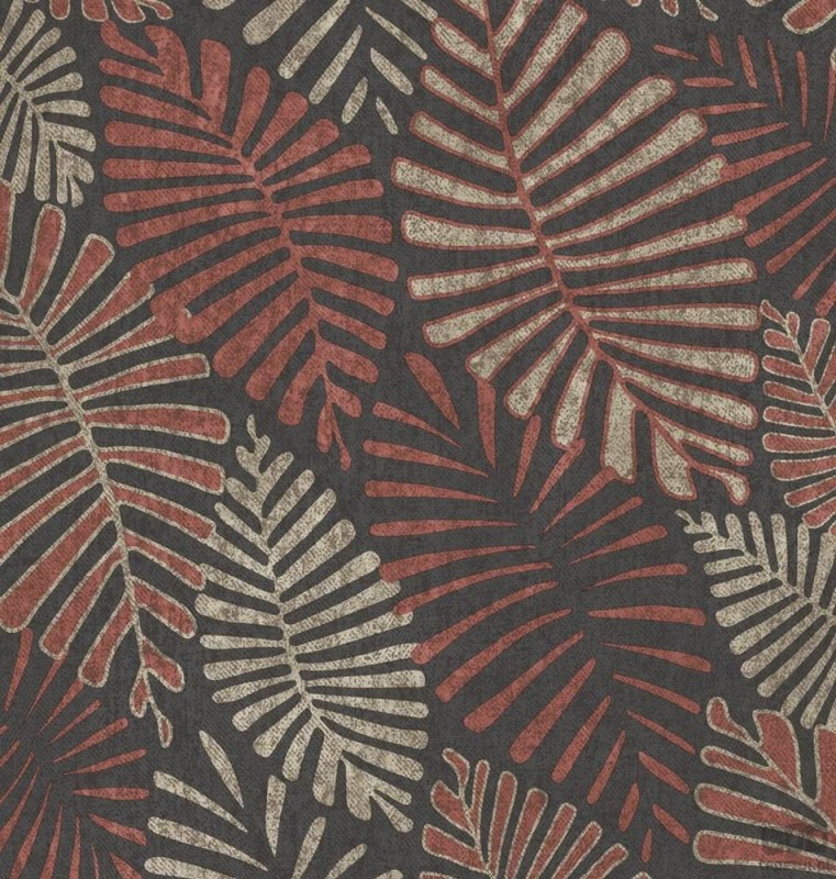 Tapeta ścienna na flizelinie ICH Wallpaper Nomad motyw liści czerwono-grafitowo-beżowa