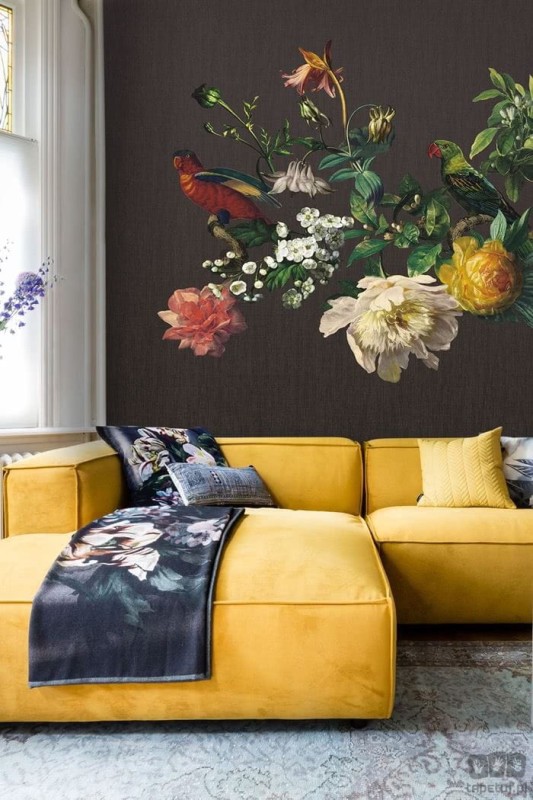 Czarna fototapeta na flizelinie w kolorowe kwiaty i papugi mural