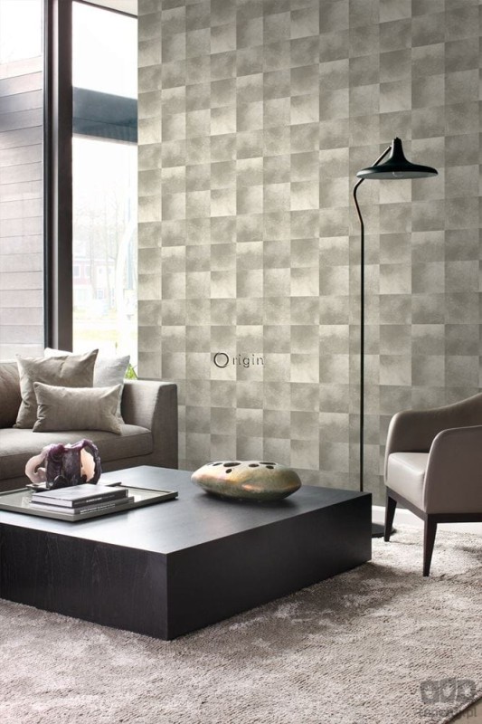Tapeta w odcieniach beżu w kwadraty z efektem futra